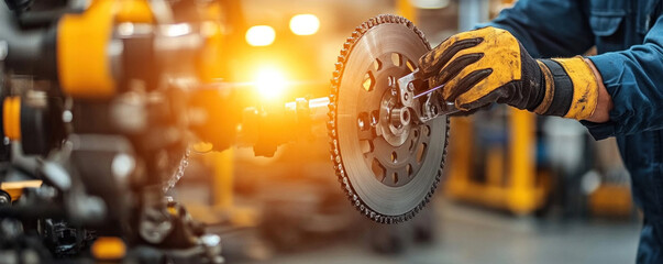 Poster - A man is working on a car part in a factory. Concept of precision and focus as the man carefully handles the part