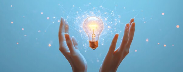 Poster - Contemporary design of hands showcasing a glowing lightbulb icon integrated with complex network circuits on a light blue background, symbolizing the future of innovation