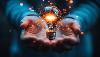 Aufkleber - Creative rendering of hands presenting a lightbulb icon merged with network circuits on a light blue backdrop, highlighting the excitement of new technological possibilities