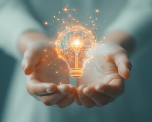 Poster - Highresolution rendering of hands displaying a lightbulb icon with integrated network circuits, complemented by a serene light blue backdrop, symbolizing technological advancement