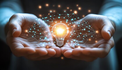 Poster - Artistic depiction of hands holding a glowing lightbulb icon intertwined with digital network circuits against a soft light blue backdrop