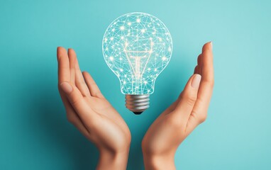 Leinwandbilder - Closeup image of hands showcasing a lightbulb icon with embedded network circuits, set against a light blue background, highlighting the fusion of creativity and technology
