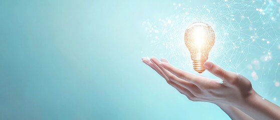 Poster - Contemporary design of hands showcasing a glowing lightbulb icon integrated with complex network circuits on a light blue background, symbolizing the future of innovation