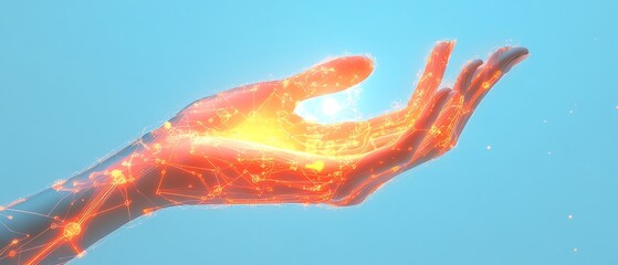 Poster - Contemporary design of hands showcasing a glowing lightbulb icon integrated with complex network circuits on a light blue background, symbolizing the future of innovation
