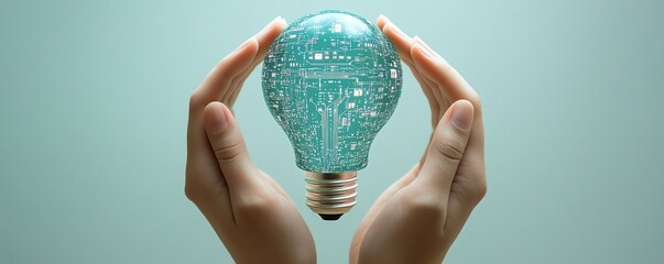 Aufkleber - Elegant 3D image of hands holding a lightbulb icon embedded with digital circuits, set against a light blue background, representing the power of ideas and technology