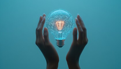 Poster - highresolution rendering of hands displaying a lightbulb icon with integrated network circuits, comp