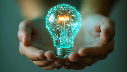 Poster - highresolution rendering of hands displaying a lightbulb icon with integrated network circuits, comp