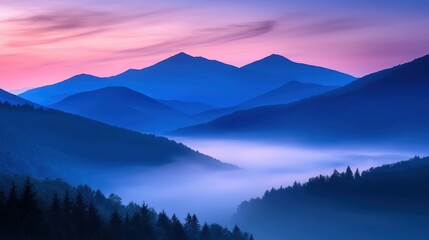 Poster - Serene mountain landscape at dawn with misty valleys