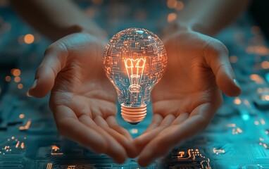 Aufkleber - Vibrant 3D depiction of hands presenting a lightbulb icon with network circuits on a light blue background, capturing the synergy between creativity and technology