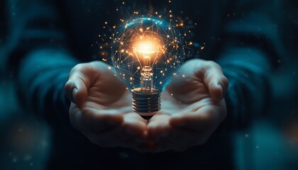 Poster - Artistic depiction of hands holding a glowing lightbulb icon intertwined with digital network circuits against a soft light blue backdrop