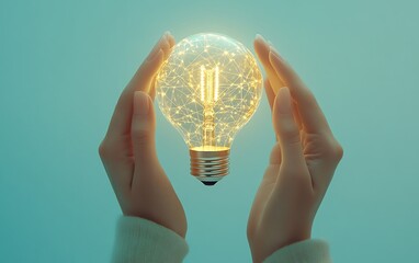 Aufkleber - 3D rendering of hands presenting a lightbulb icon integrated with intricate network circuits on a light blue background, symbolizing innovation and technology