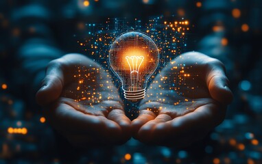 Aufkleber - 3D rendering of hands presenting a lightbulb icon integrated with intricate network circuits on a light blue background, symbolizing innovation and technology