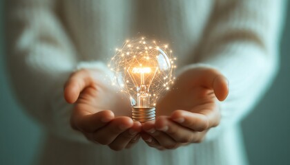 Poster - Artistic depiction of hands holding a glowing lightbulb icon intertwined with digital network circuits against a soft light blue backdrop