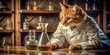 © udomsak - Ginger tabby cat in a lab coat examines a flask in a vintage chemistry laboratory with warm lighting , ginger tabby, cat