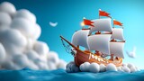 Whimsical 3D clay pirate ship sailing in a bright cartoony ocean with exaggerated swirling waves  An imaginative fantasy seascape evoking a sense of adventure and on the high seas