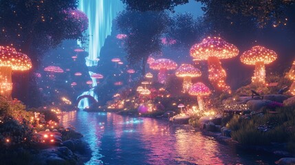 Poster - A magical forest with glowing mushrooms, a waterfall, and a river.