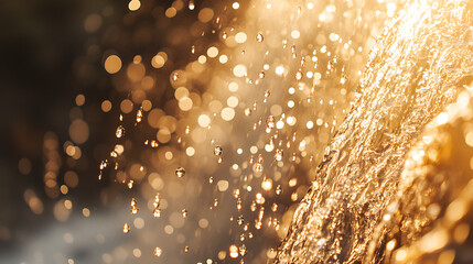 A close-up of water droplets sparkling in the sunlight as they fall from a waterfall, creating a refreshing mist in the summer air 