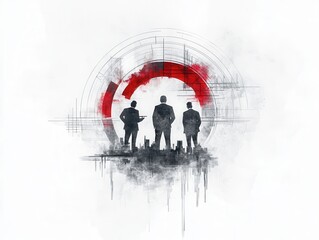 Wall Mural - Three Businessmen Silhouette with Red Circle and Abstract Background.