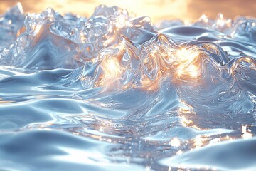 Poster - Abstract Liquid Metal Waves with Glowing Light Reflections 3D Rendering