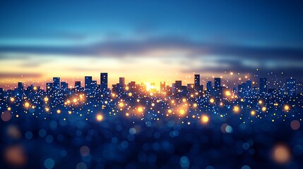 Poster - Cityscape Silhouette with Network Connections and Bokeh Lights at Sunset