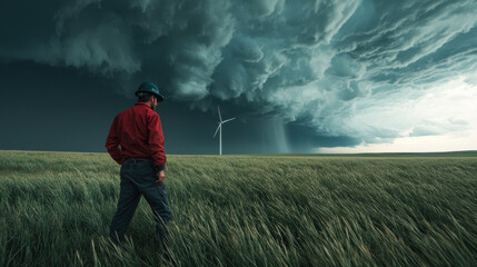 wind turbine technician stands in field, facing dramatic sky filled with dark storm clouds. scene captures tension of nature and resilience of human effort in renewable energy