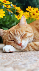 Sleeping cat with orange fur resting peacefully among vibrant yellow flowers, creating serene and joyful atmosphere