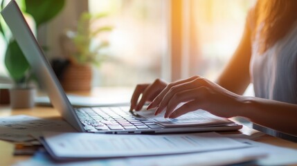 Poster - Accountant reviewing and calculating an e-bill on a laptop. Modern office scene with tech gadgets and financial documents