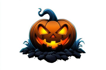 a 2d cartoon illustration of a plump pumpkin growing in a patch autumn vibes white background
