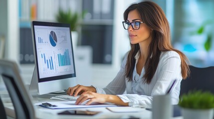 Poster - Accountant woman in a professional office, reviewing financial reports on her computer. The workspace is modern with a clean desk and organized paperwork