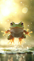 vibrant green frog leaps gracefully above waters surface, surrounded by sparkling droplets in sunlit environment. scene captures essence of natures beauty and frogs dynamic movement