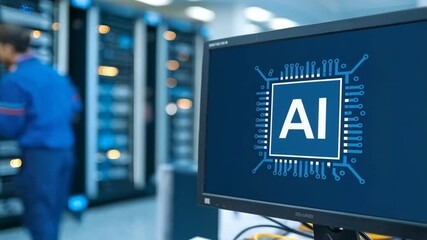 Poster - A computer displaying an AI logo in a data center with a person walking in the background.