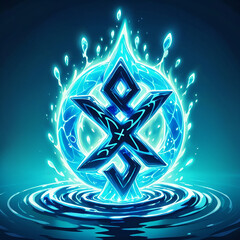 A stylized blue symbol, resembling a rune, with intricate detailing, is surrounded by a glowing water effect, creating ripples in a pool of water.