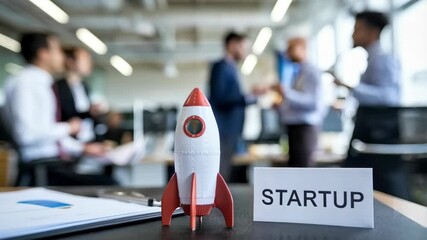 Poster - A model rocket symbolizes innovation in a startup office setting with professionals networking.