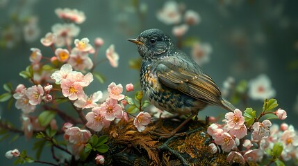 Canvas Print - Small Bird Perched on a Branch with Pink Flowers