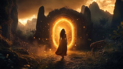 Exploring the wonders of a light portal, a woman embarks on a journey through ancient magic.