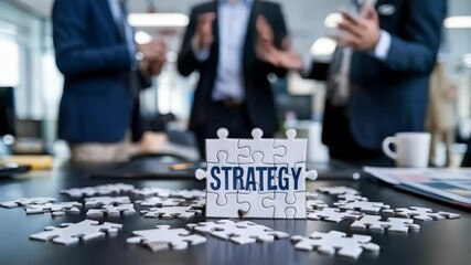 Poster - A business meeting with a focus on strategy, featuring puzzle pieces and discussions.