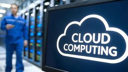 Poster - Data center with a cloud computing display and technician in the background.