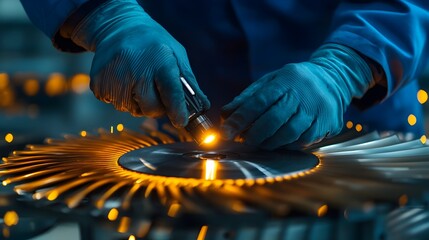 Close up view of an engineer s hands precisely working on a propeller assembly in a dimly lit industrial workspace at night using a flashlight to illuminate the delicate task at hand