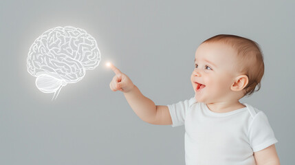 baby's brain development: a curious toddler points at a glowing brain graphic, symbolizing the incre