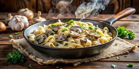 Wall Mural - Steaming bowl of pasta with earthy mushrooms and delicate herbs, nestled on a rustic wooden surface.