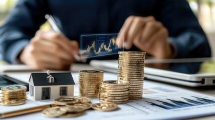 A person analyzes financial data with coins, a house model, and a tablet, illustrating investment and real estate themes.