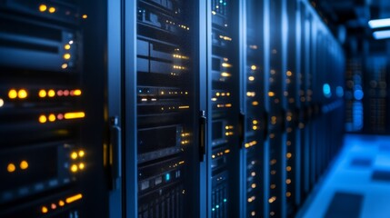 Poster - Data Center with Server Racks and Illuminated Lights