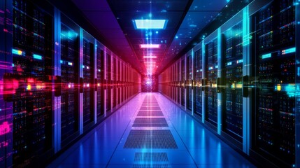Poster - Futuristic Data Center with Neon Lights and Technology