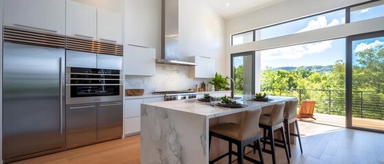 Aufkleber - Luxurious open plan kitchen with double ovens wide refrigerators and a spacious marble island in a delicate watercolor painting  The image showcases a high end