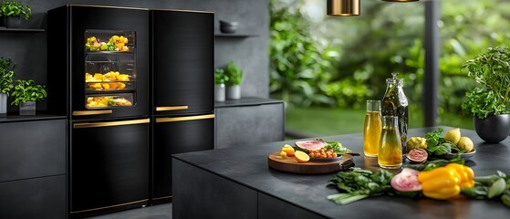 Sleek and sophisticated modern luxury kitchen with bold black and gold appliances double door refrigerators and elegant watercolor effect lighting creating a stylish and functional culinary space