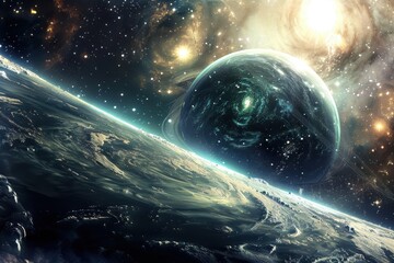 Canvas Print - Breathtaking view of an undiscovered planet with a mesmerizing atmosphere and celestial bodies in the distant cosmos.