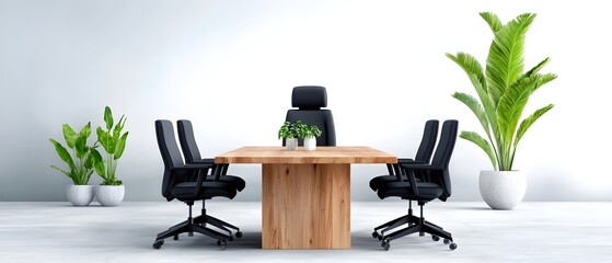 Poster - Tranquil and Refined Office Interior with Perfectly Aligned Rectangular Wooden Tables and Black Chairs in a Soft Watercolor Style Evoking Productivity and Collaborative Focus
