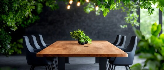 Poster - Tranquil top down view of a minimalist conference room with a large wooden table surrounded by ergonomic chairs creating a calming and professional workspace for business meetings and team
