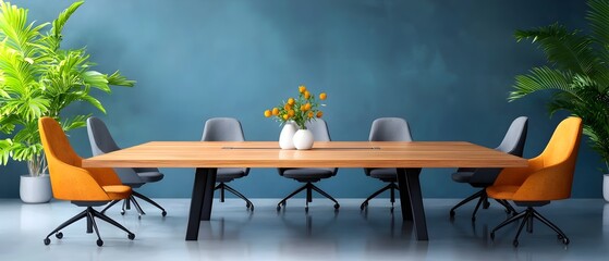 Poster - Minimalist watercolor inspired top down view of a modern conference room featuring a large wooden table surrounded by ergonomic chairs