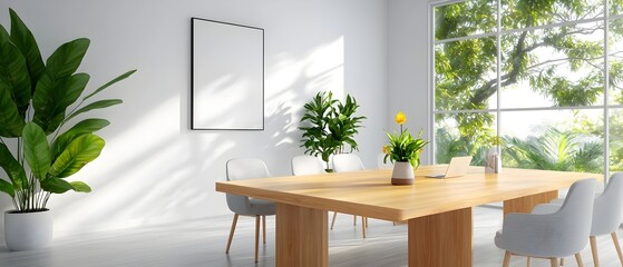 Poster - Minimalist watercolor painting of a modern meeting room interior with a large wooden table and evenly spaced chairs against white walls